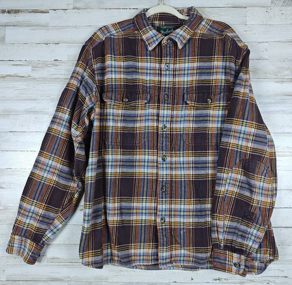Woolrich Mens XL Brown Plaid Heavyweight Flannel Shirt 100% Cotton Outdoor Fall